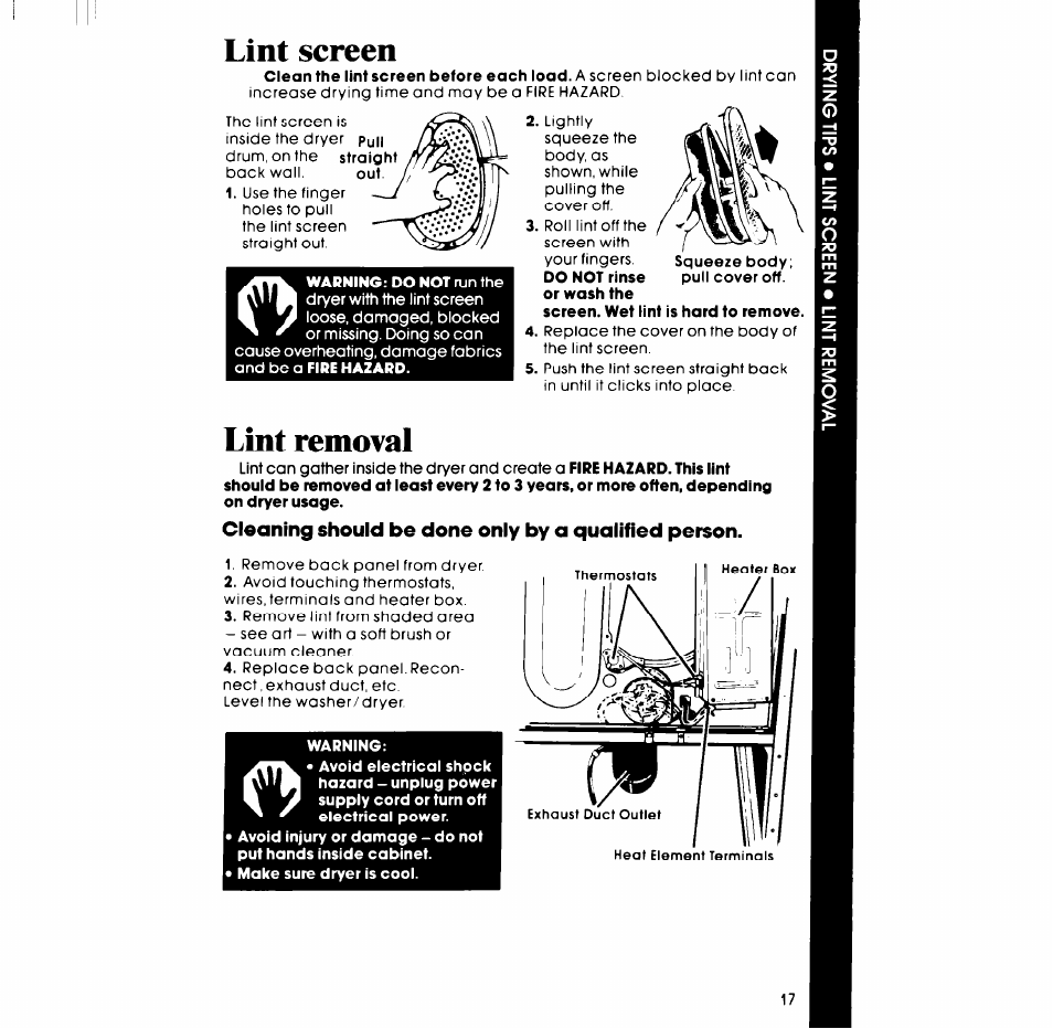 Lint screen, Lint removal, Cleaning should be done only by a qualified person | Warning | Whirlpool LT4900XS User Manual | Page 17 / 24