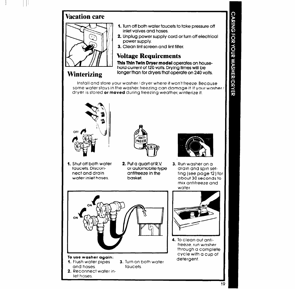 Vacation care, Voltage requirements | Whirlpool LT4900XS User Manual | Page 19 / 24