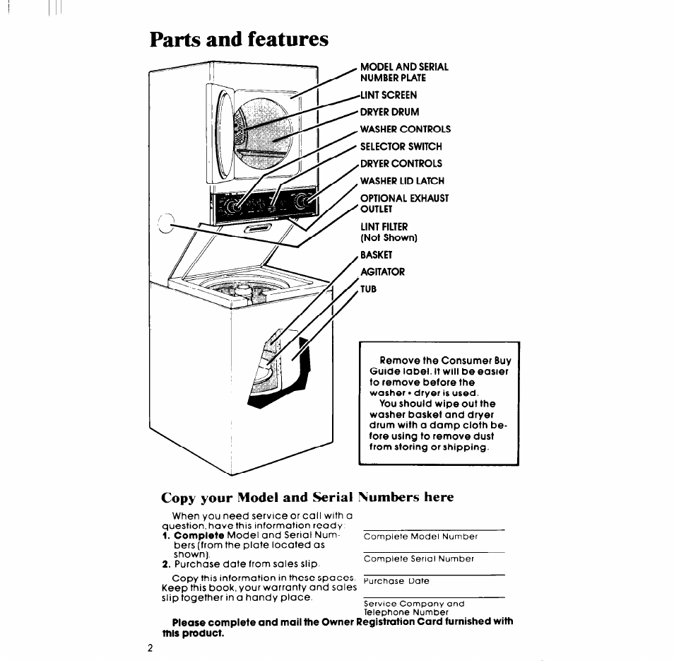 Parts and features, Copy your model and serial numbers here | Whirlpool LT4900XS User Manual | Page 2 / 24