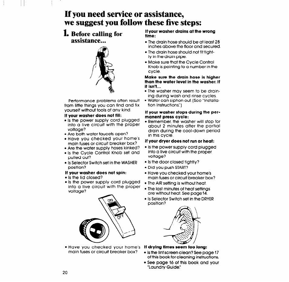 If you need service or assistance, Suggest you fouow these five steps, Before calling for assistance | Whirlpool LT4900XS User Manual | Page 20 / 24