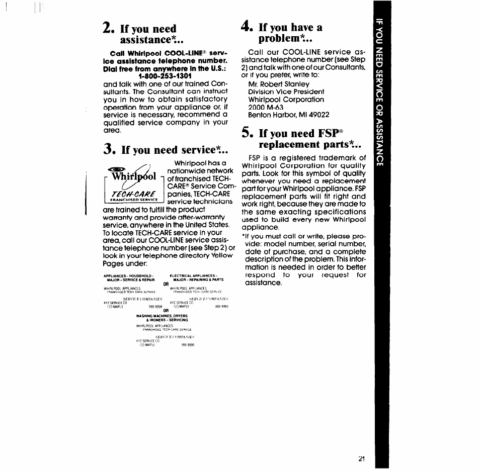 If you need assistances, If you need service, If you have a problem | If you need fsp® replacement parts | Whirlpool LT4900XS User Manual | Page 21 / 24