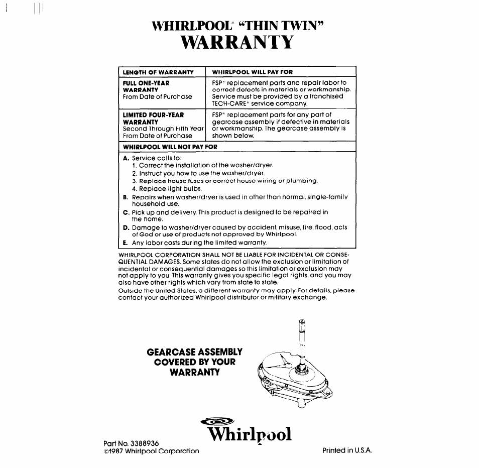 Gearcase assembly covered by your warranty, Warranty, Whirlpool | Whirlpool* “thin twin | Whirlpool LT4900XS User Manual | Page 24 / 24
