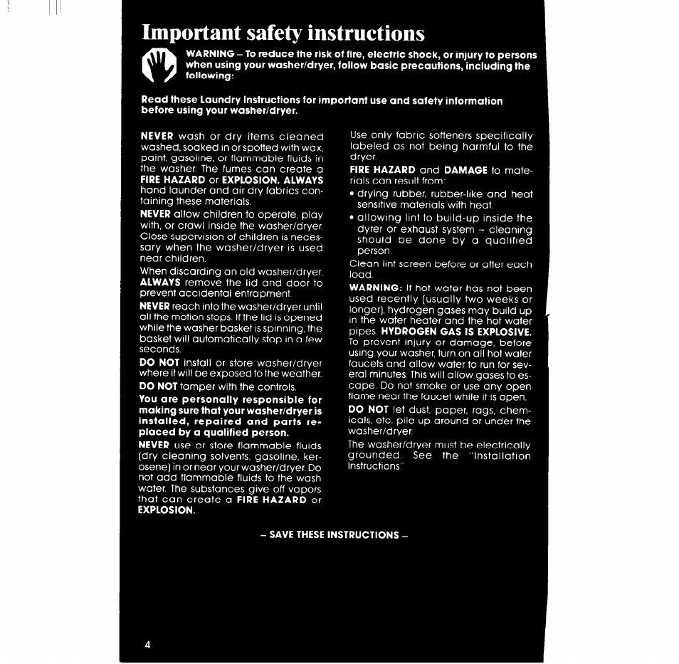 Important safety instructions, Save these instructions | Whirlpool LT4900XS User Manual | Page 4 / 24