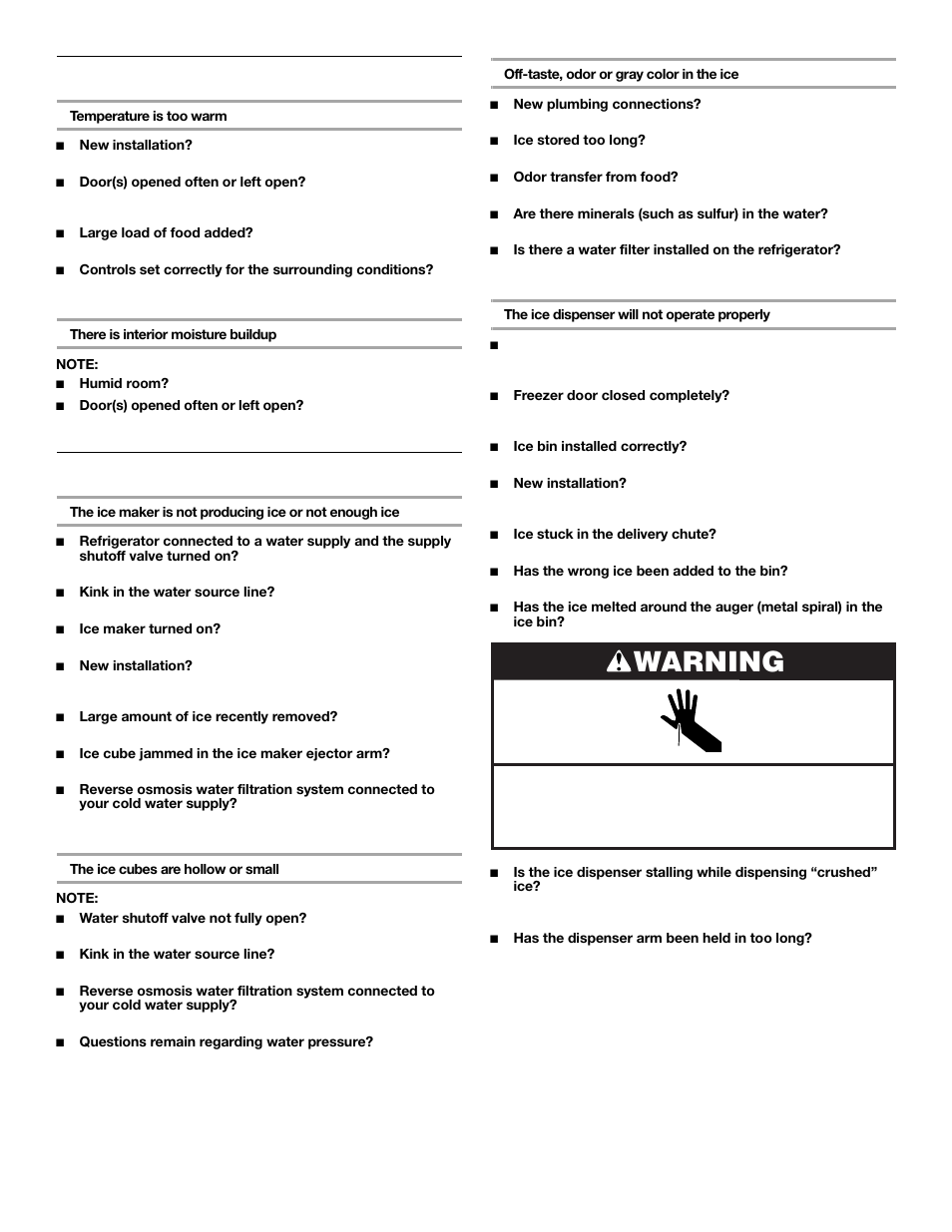 Warning, Temperature and moisture, Ice and water | Whirlpool 2309541 User Manual | Page 10 / 40