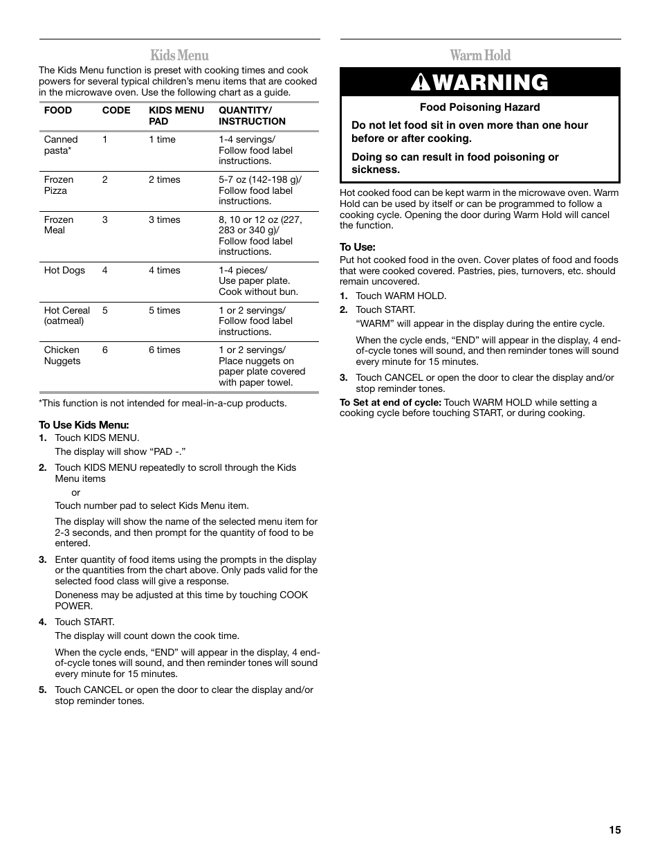 Warning, Kids menu, Warm hold | Whirlpool GH5184XP User Manual | Page 15 / 20