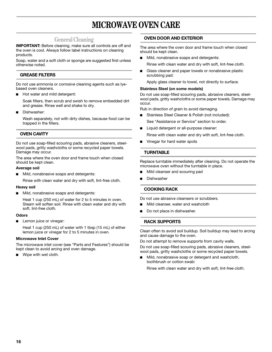 Microwave oven care, General cleaning | Whirlpool GH5184XP User Manual | Page 16 / 20