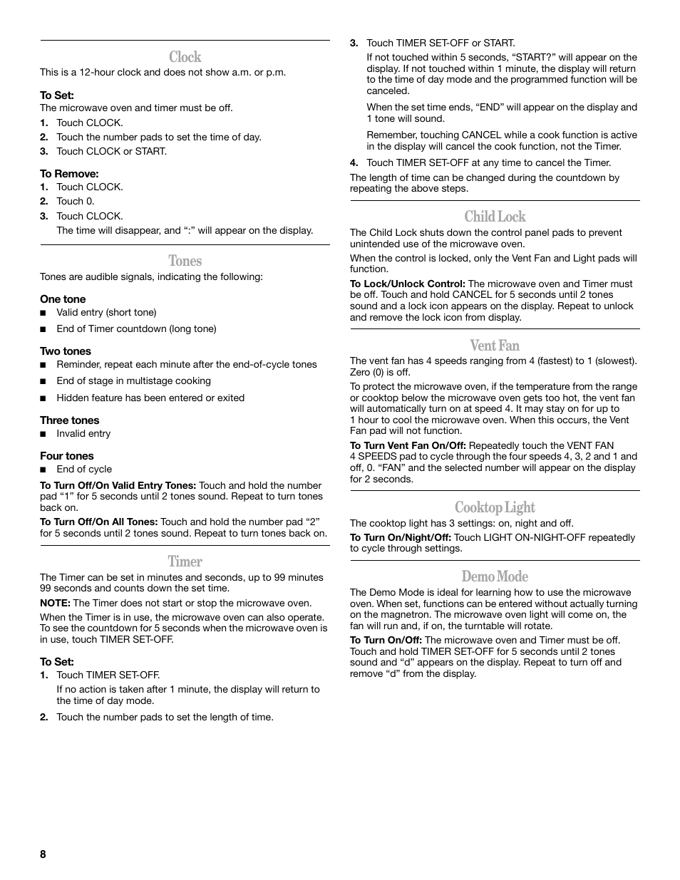 Clock, Tones, Timer | Child lock, Vent fan, Cooktop light, Demo mode | Whirlpool GH5184XP User Manual | Page 8 / 20
