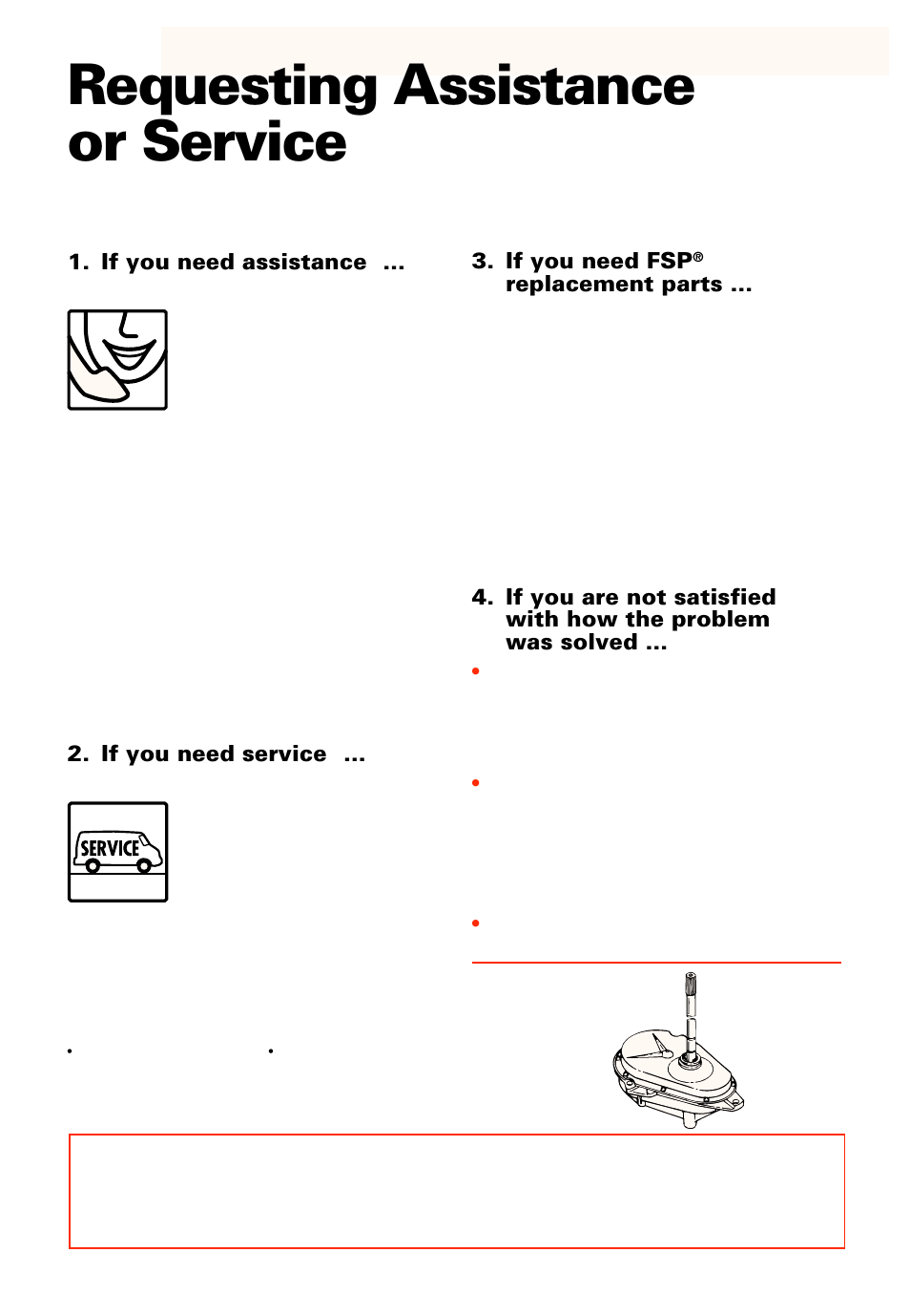 Requesting assistance or service, If you need assistance, If you need service | If you need fsp, Replacement parts | Whirlpool 3950306 User Manual | Page 21 / 24