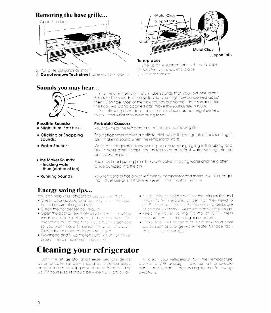 Removing the base grille, Sounds you may hear, Energy saving tips | Cleaning your refrigerator, Sounds you may flear | Whirlpool 3ED26MM User Manual | Page 10 / 20