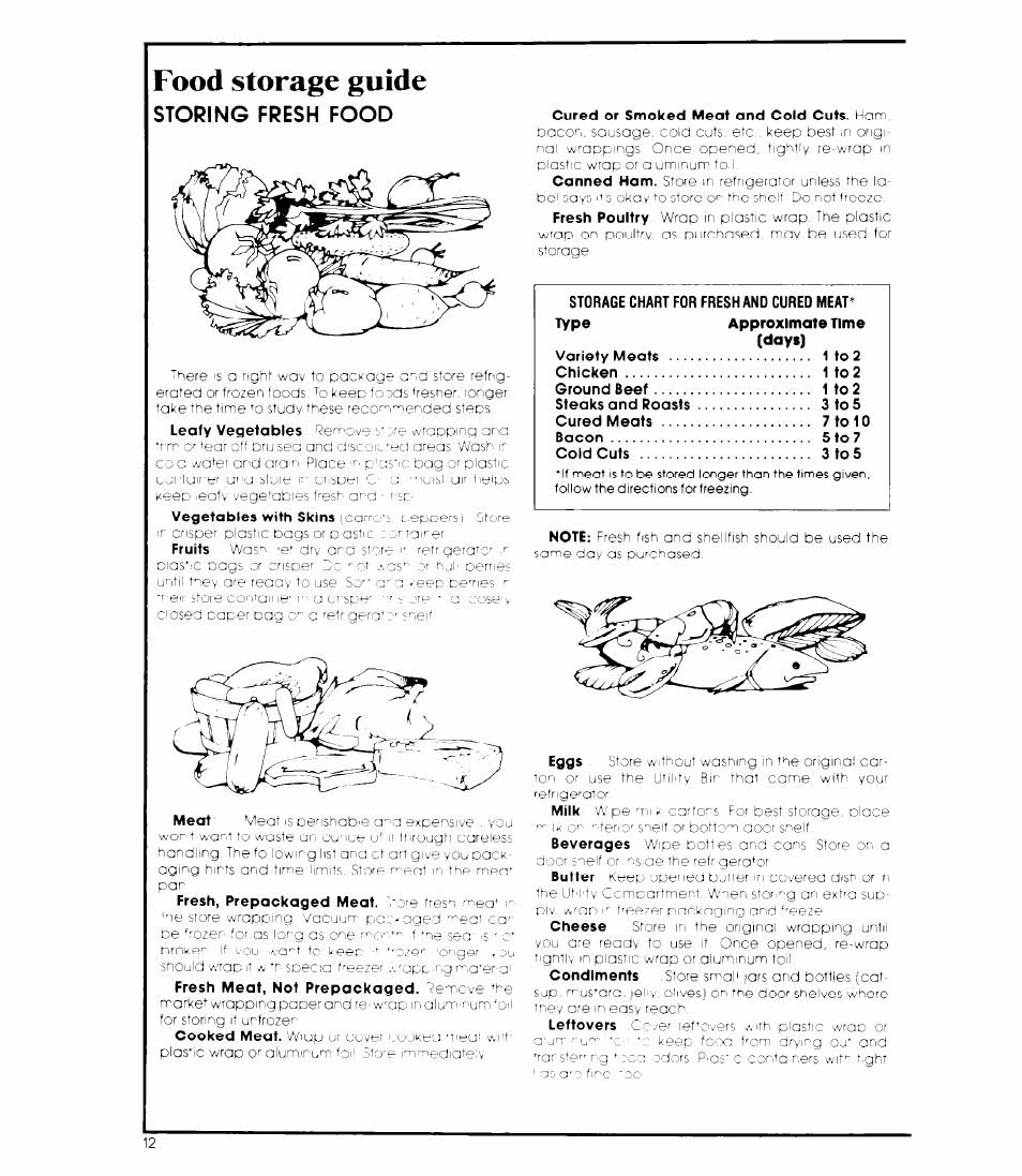 Food storage guide, Storing fresh food | Whirlpool 3ED26MM User Manual | Page 12 / 20
