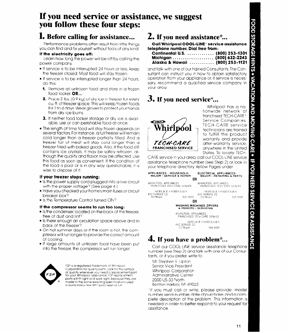 If you need service, If you have a problem, Avhirlpool | Before calling for assistance, If you need assistance | Whirlpool EVISHEXP User Manual | Page 11 / 12