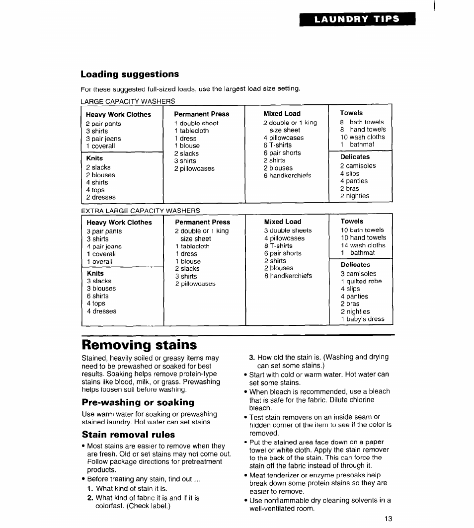 Loading suggestions, Removing stains, Pre-washing or soaking | Stain removal rules, Laundry tips loading suggestions | Whirlpool Roper RAL6245BL0 User Manual | Page 13 / 24