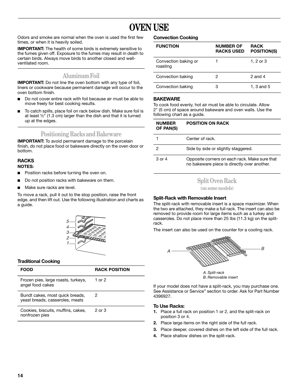 Oven use, Aluminum foil, Positioning racks and bakeware | Split oven rack | Whirlpool 9763069 User Manual | Page 14 / 28