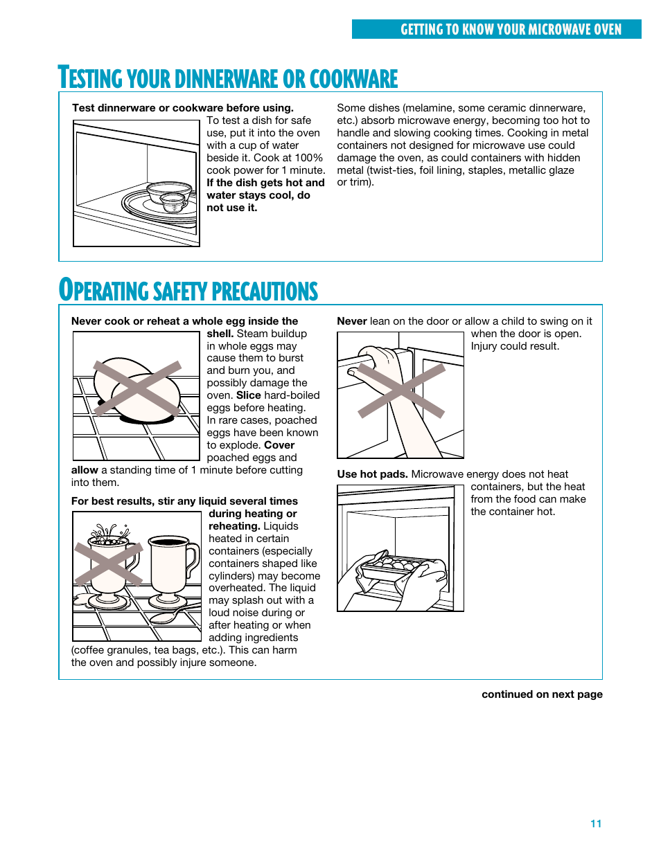 Testing your dinnerware or cookware, Operating safety precautions, Perating | Safety, Precautions, Esting, Your, Dinnerware, Cookware | Whirlpool YMH7140XF User Manual | Page 11 / 48