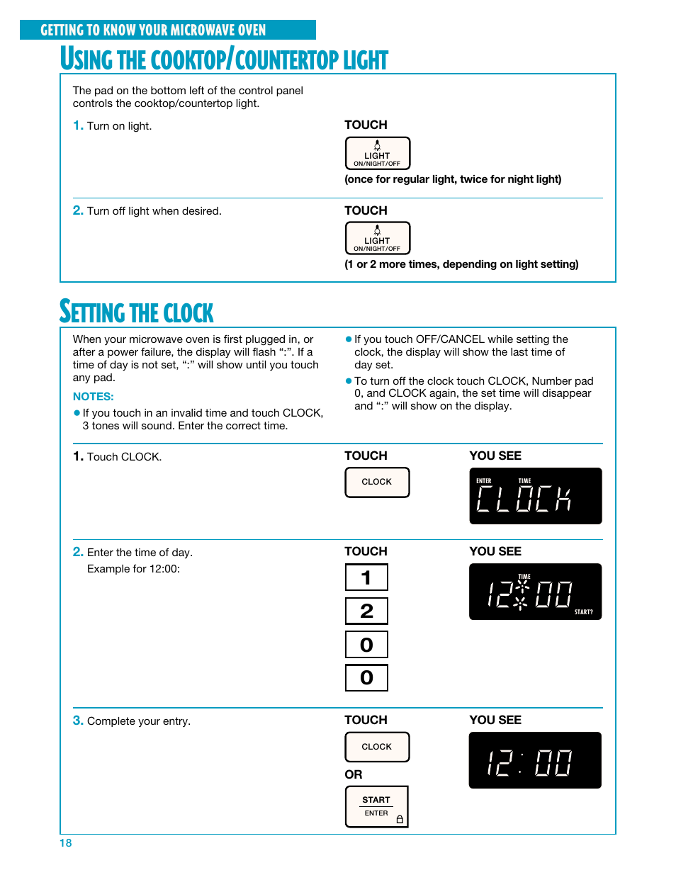 Using the cooktop/countertop light, Setting the clock, Etting | Clock, Sing, Cooktop, Countertop, Light | Whirlpool YMH7140XF User Manual | Page 18 / 48