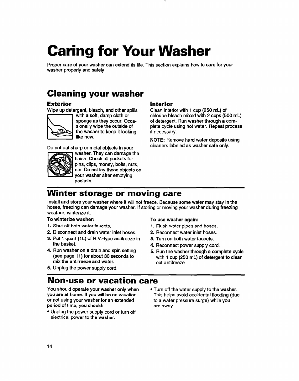 Caring for your washer, Cleaning your washer, Exterior | Interior, Winter storage or moving care, Non-use or vacation care, Operating your washer | Whirlpool 7LSC9245BN0R User Manual | Page 14 / 61