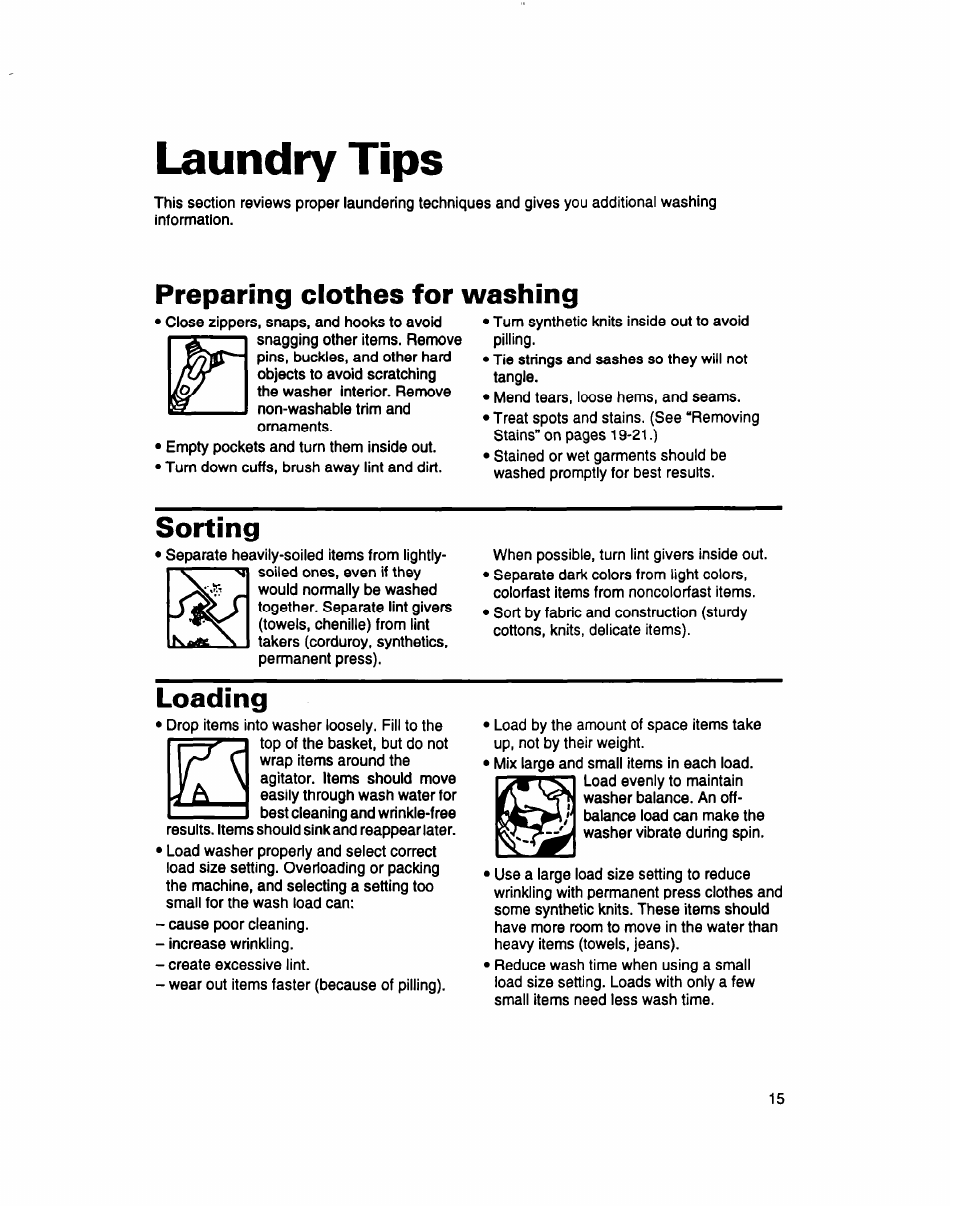 Laundry tips, Preparing clothes for washing, Sorting | Loading | Whirlpool 7LSC9245BN0R User Manual | Page 15 / 61