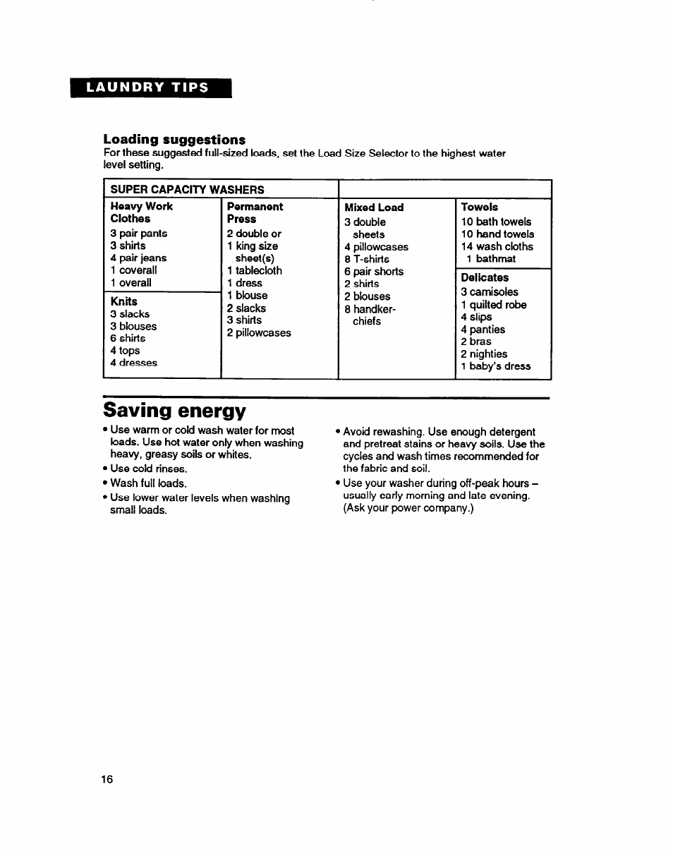 Loading suggestions, Saving energy | Whirlpool 7LSC9245BN0R User Manual | Page 16 / 61