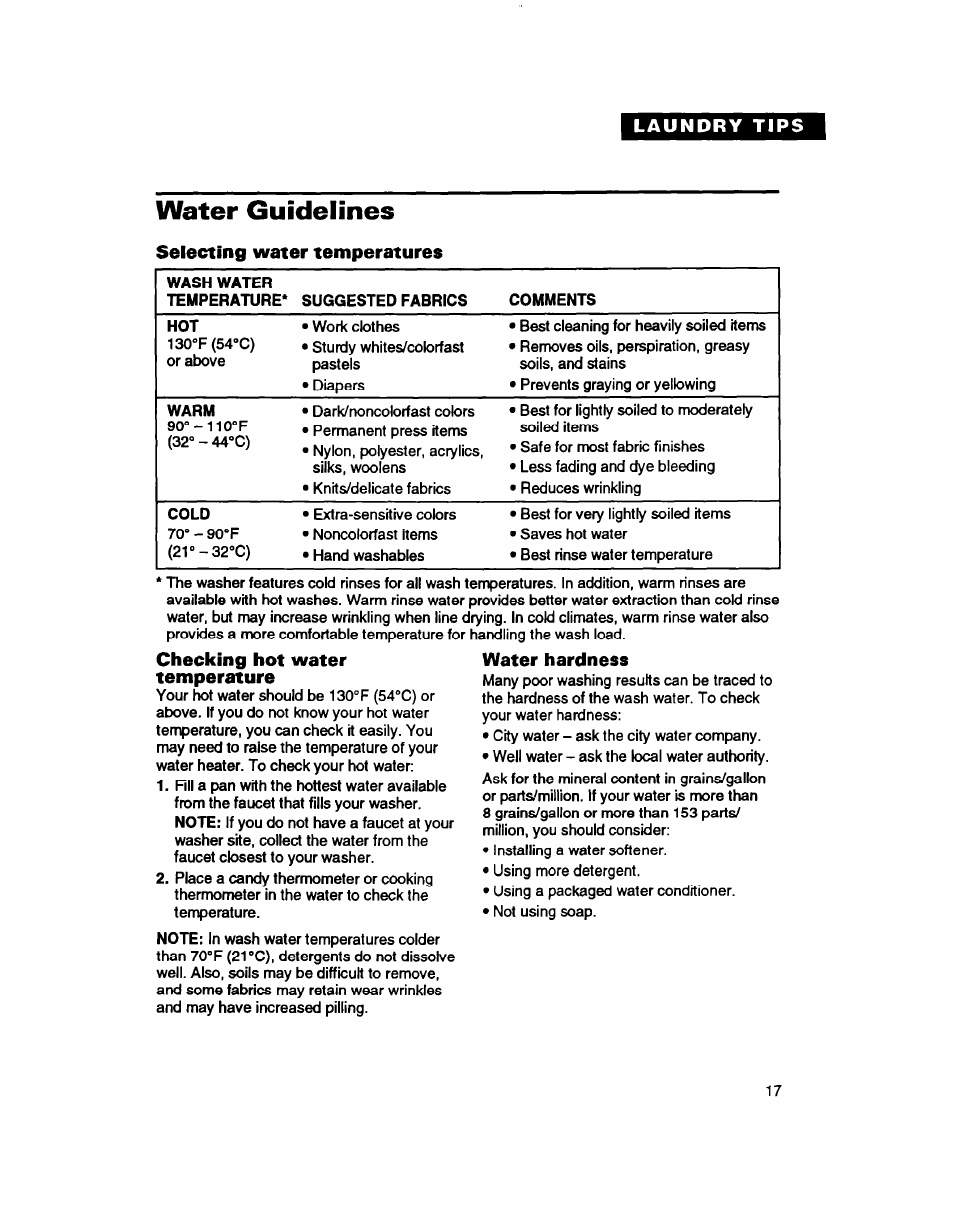 Water guidelines, Selecting water temperatures, Checking hot water temperature | Water hardness | Whirlpool 7LSC9245BN0R User Manual | Page 17 / 61