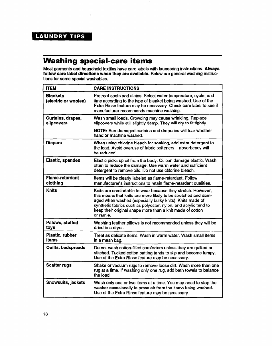 Washing special-care items, Washing special-care hems | Whirlpool 7LSC9245BN0R User Manual | Page 18 / 61