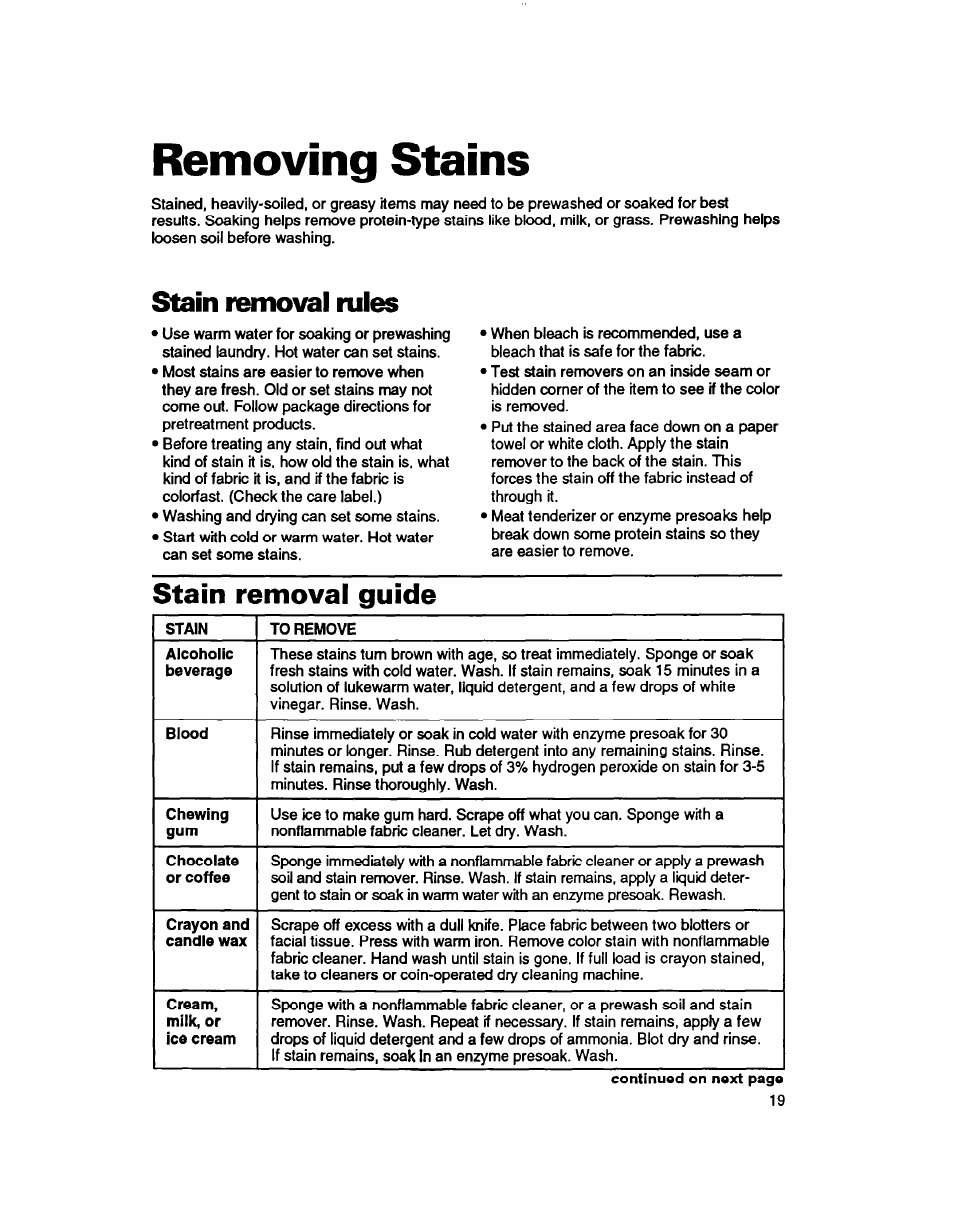 Removing stains, Stain removal rules, Stain removal guide | Whirlpool 7LSC9245BN0R User Manual | Page 19 / 61