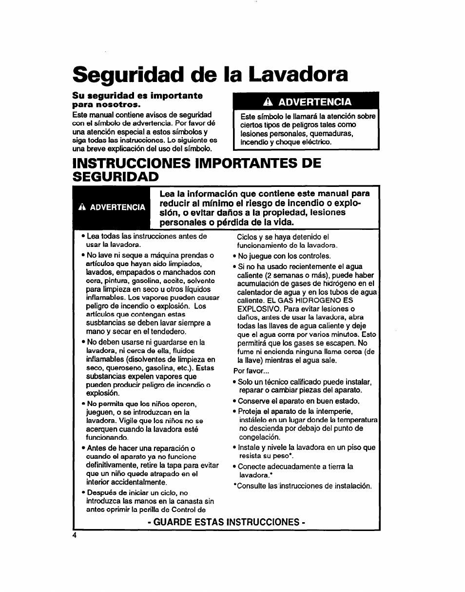 Seguridad de la lavadora, Su seguridad es importante para nosotros, Instrucciones importantes de seguridad | Whirlpool 7LSC9245BN0R User Manual | Page 29 / 61