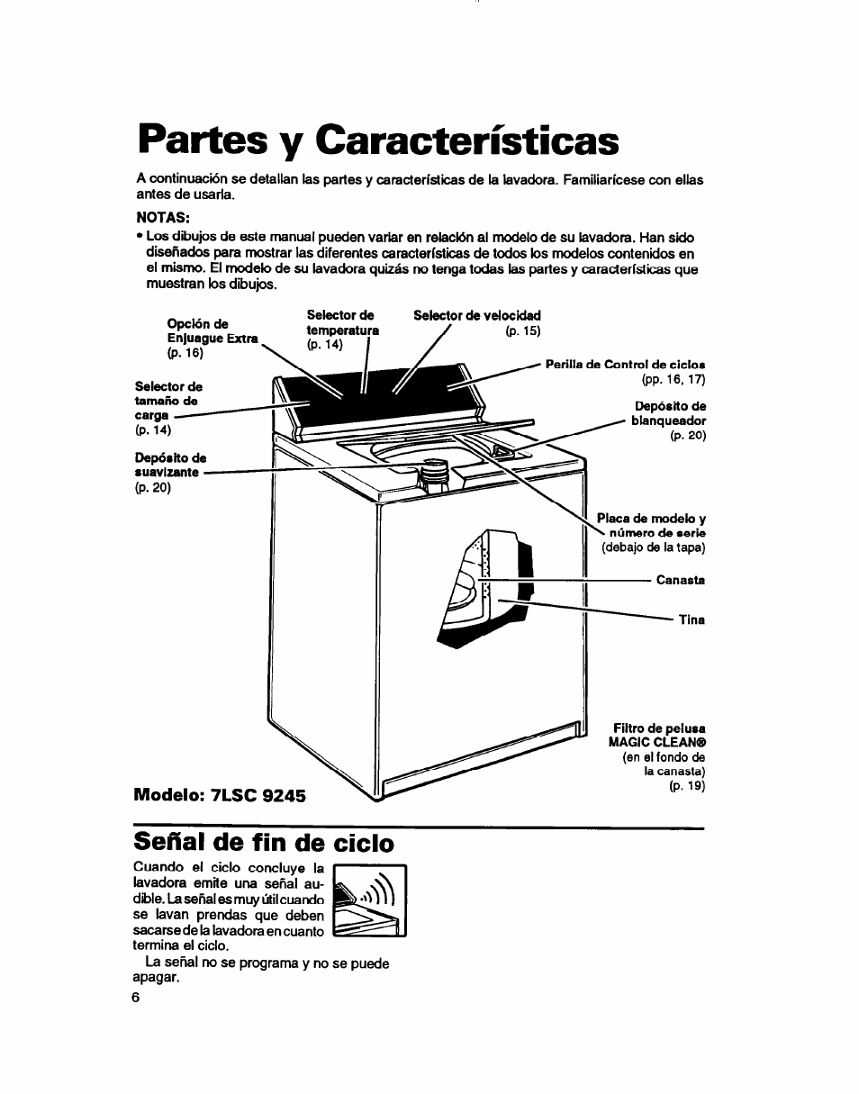 Partes y características, Señal de fin de ciclo | Whirlpool 7LSC9245BN0R User Manual | Page 31 / 61