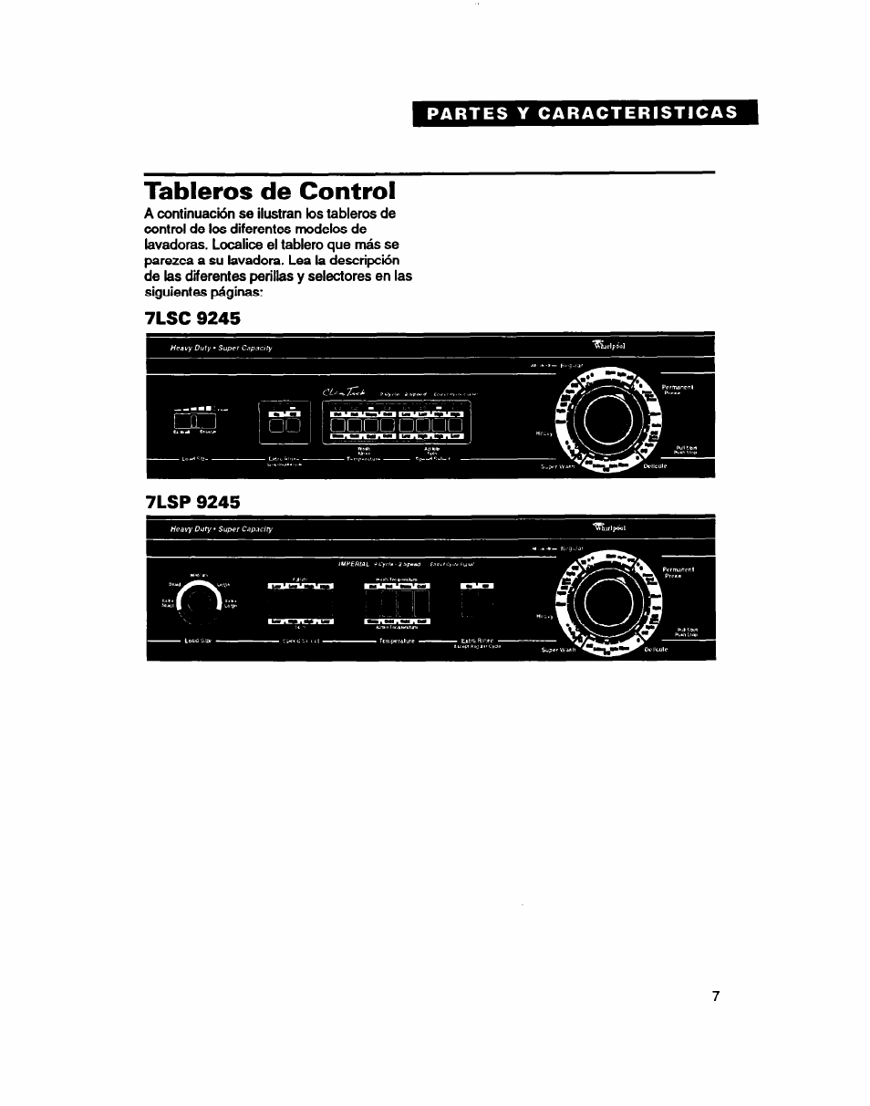 Partes y caracteristicas, Tableros de control, 7lsc 9245 | 7lsp 9245 | Whirlpool 7LSC9245BN0R User Manual | Page 32 / 61