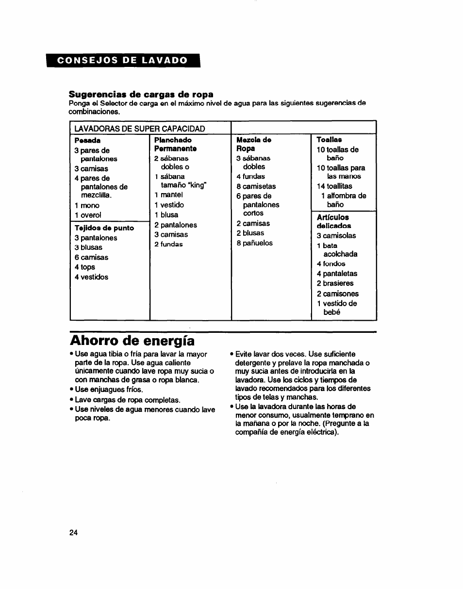 Sugerencias de cargas de ropa, Ahorro de energía | Whirlpool 7LSC9245BN0R User Manual | Page 49 / 61