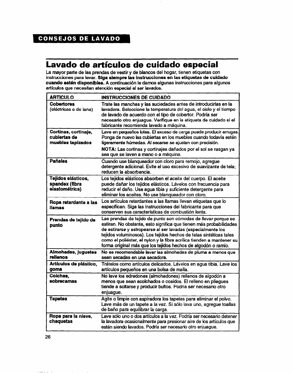 Lavado de artículos de cuidado especial | Whirlpool 7LSC9245BN0R User Manual | Page 51 / 61