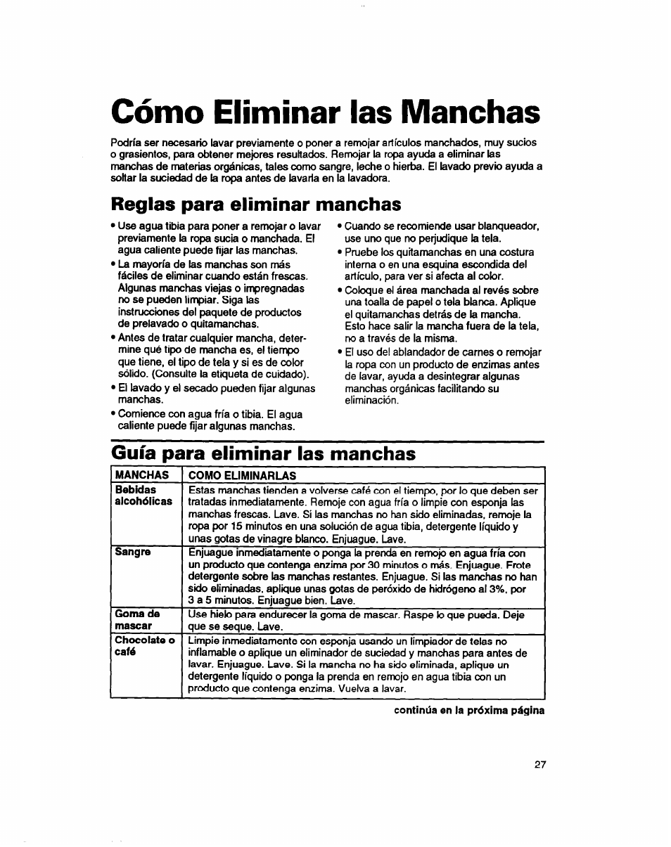 Cómo eliminar las manchas, Reglas para eliminar manchas, Guía para eliminar las manchas | Cómo eliminar las, Manchas | Whirlpool 7LSC9245BN0R User Manual | Page 52 / 61