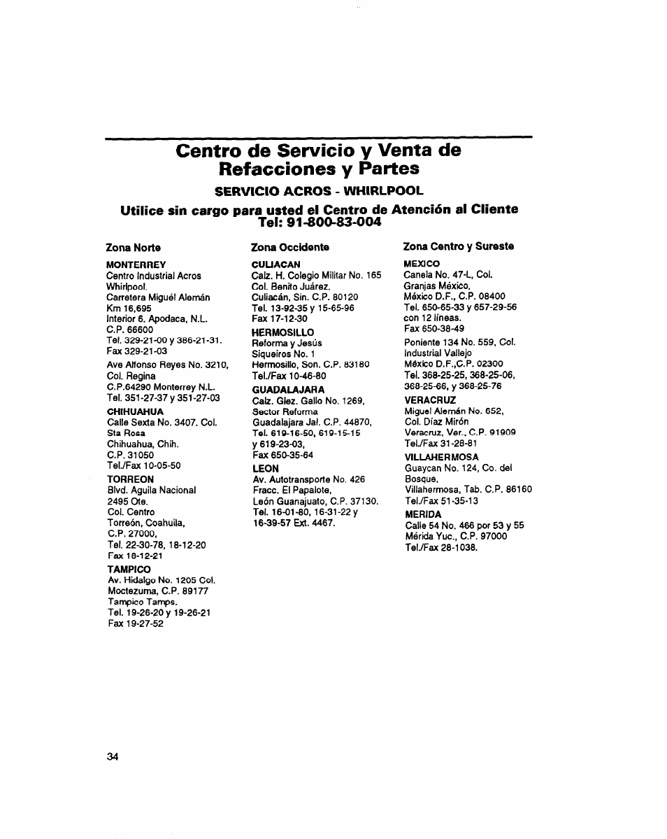 Centro de servicio y venta de refacciones y partes, Servicio agros - whirlpool, Tei: 91-800-83-004 | Whirlpool 7LSC9245BN0R User Manual | Page 59 / 61