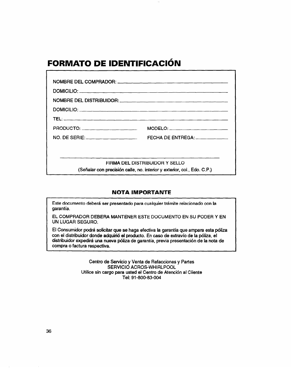 Formato de identificacion, Nota importante | Whirlpool 7LSC9245BN0R User Manual | Page 61 / 61