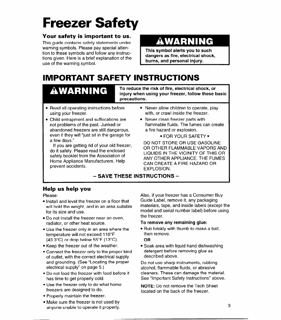 Freezer safety, Your safety is important to us. i, Important safety instructions | Save these instructions, Help us help you, To remove any remaining giue, Awarning | Whirlpool CHEST FREEZERS User Manual | Page 3 / 15