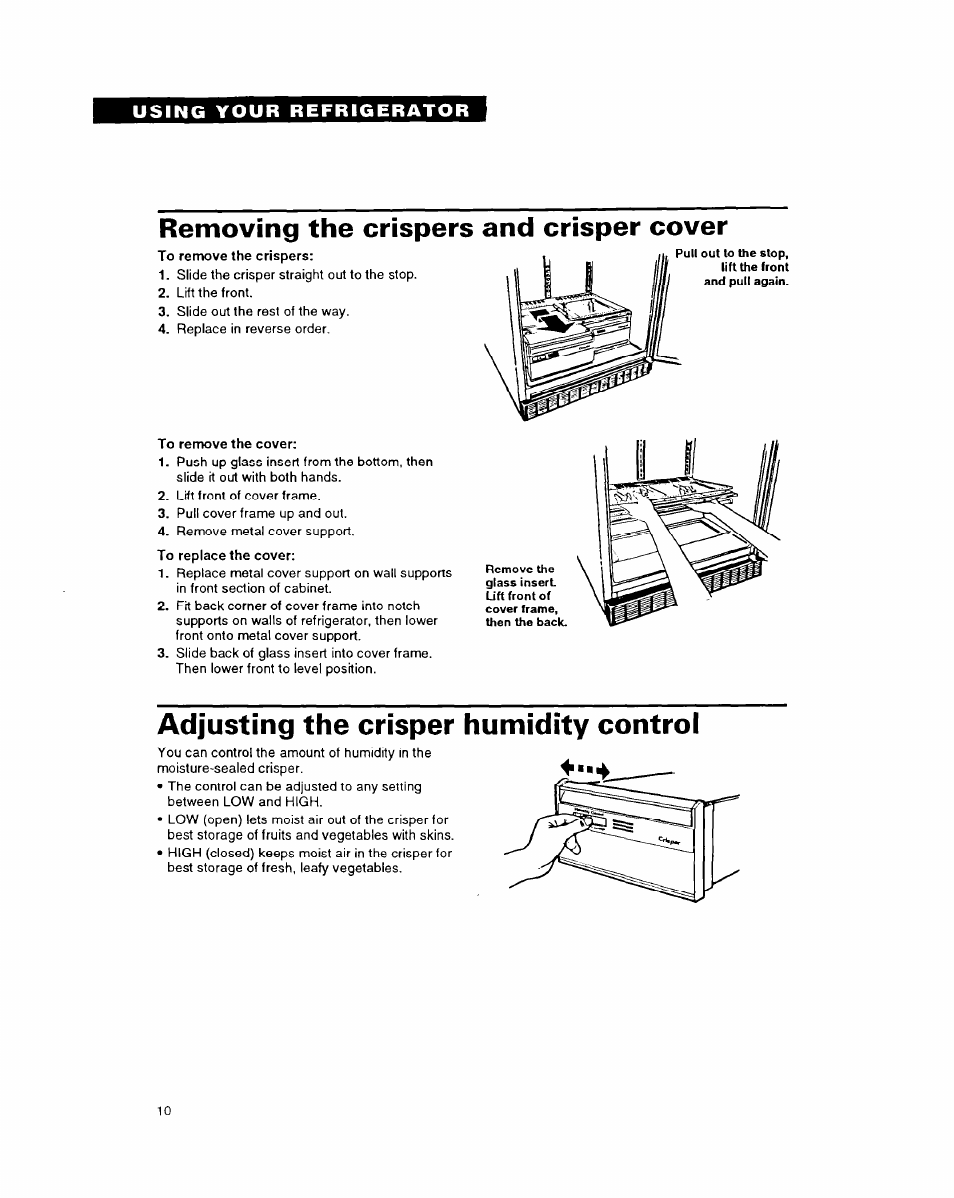 Removing the crispers and crisper cover, Adjusting the crisper humidity control | Whirlpool 6ET18DK User Manual | Page 10 / 20