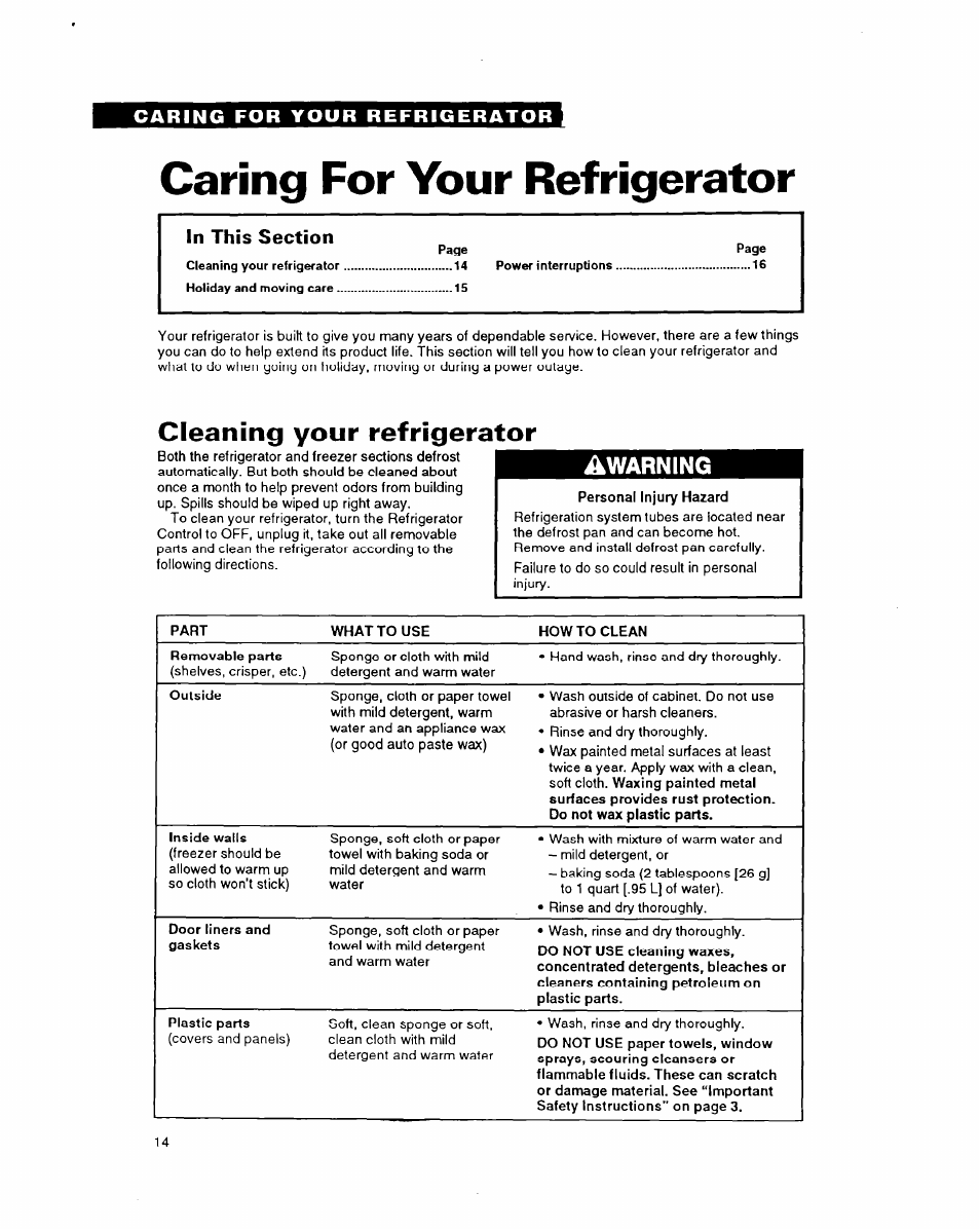 Caring for your refrigerator, Cleaning your refrigerator, Awarning | Whirlpool 6ET18DK User Manual | Page 14 / 20