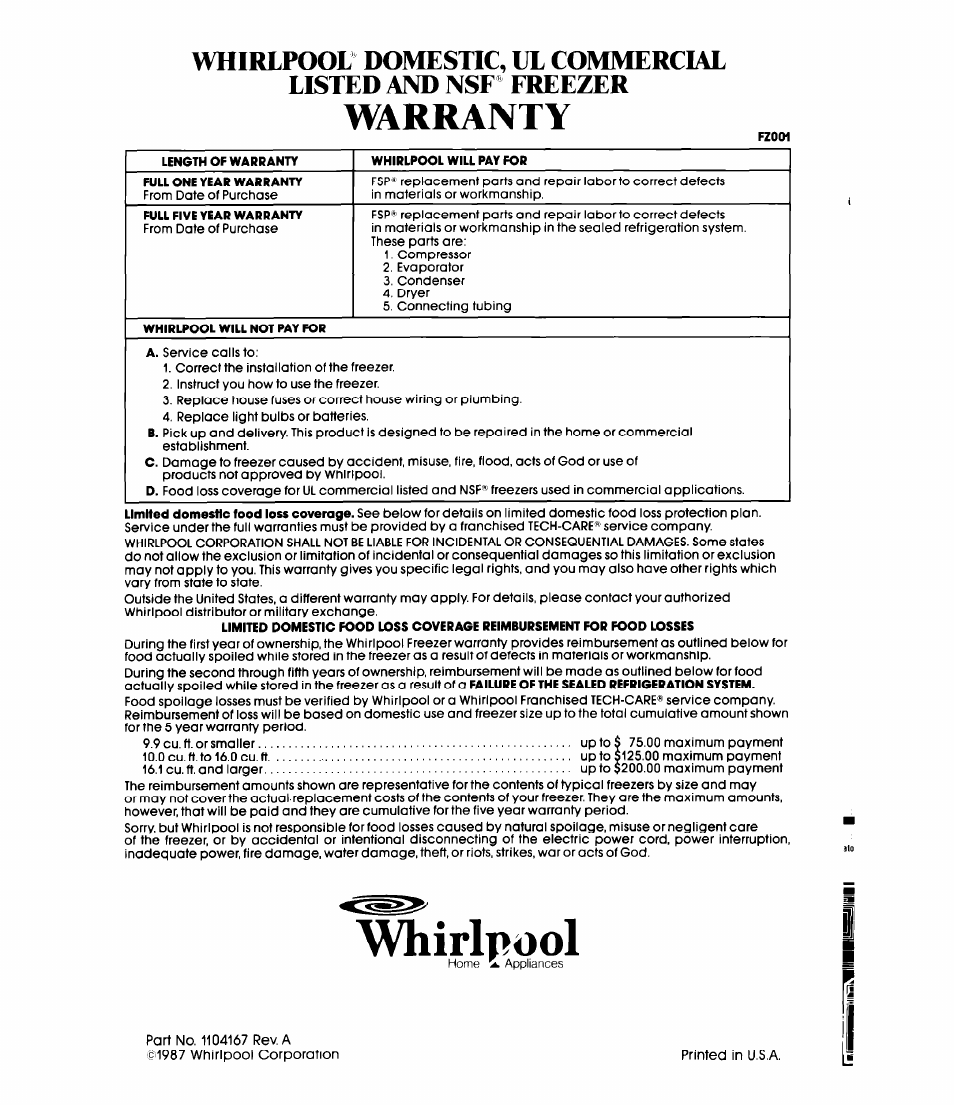Whirlpool, Warranty | Whirlpool EV150L User Manual | Page 12 / 12