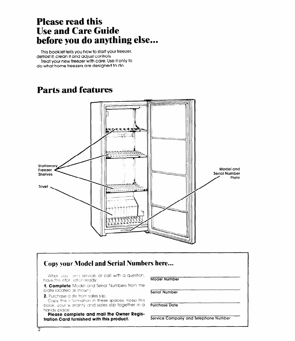 Please read this, Use and care guide, Before you do anything else | Parts and features, Copy your model and serial numbers here | Whirlpool EV150L User Manual | Page 2 / 12