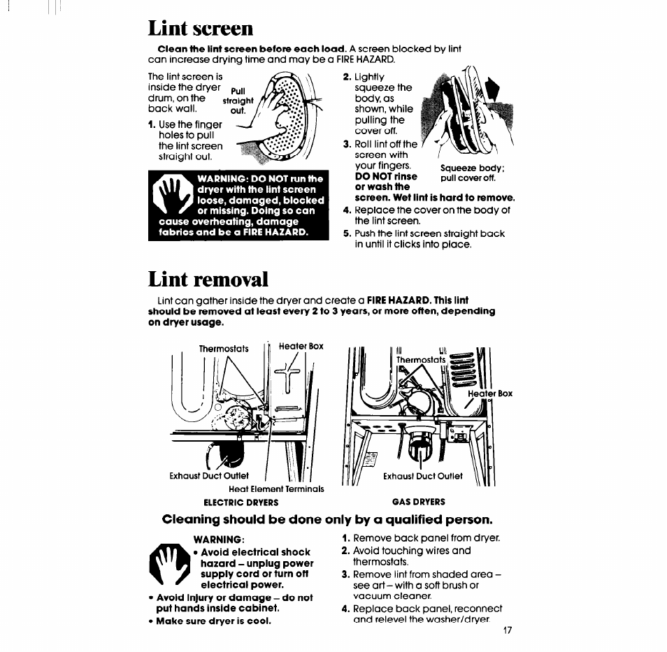 Cleaning should be done only by a qualified person, Lint screen, Lint removal | Whirlpool LT5100XS User Manual | Page 17 / 24