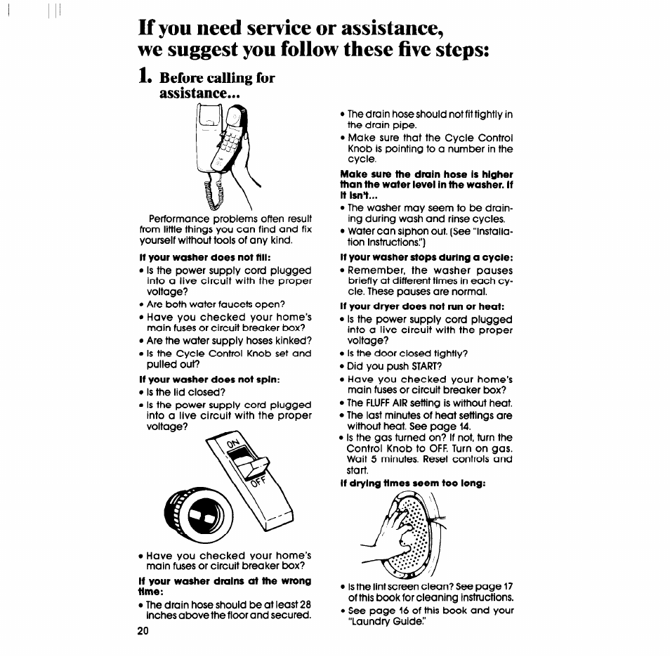 Before calling for assistance | Whirlpool LT5100XS User Manual | Page 20 / 24