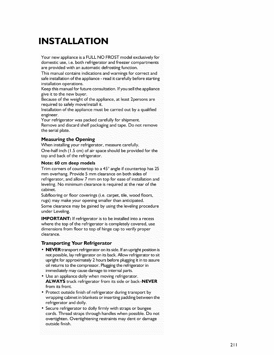 Installation | Whirlpool Freezer User Manual | Page 20 / 27