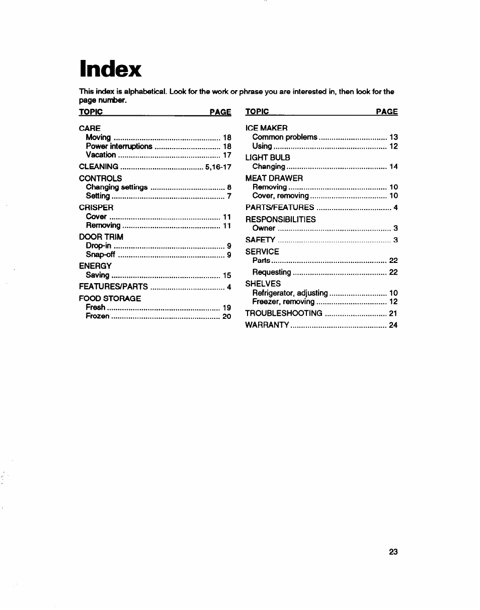 Index | Whirlpool RT22AK User Manual | Page 23 / 24