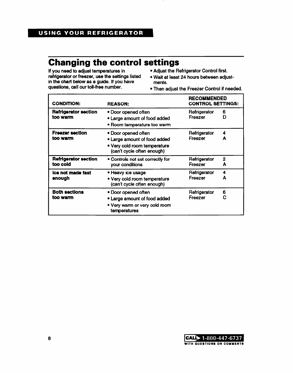 Changing the control settings | Whirlpool RT22AK User Manual | Page 8 / 24