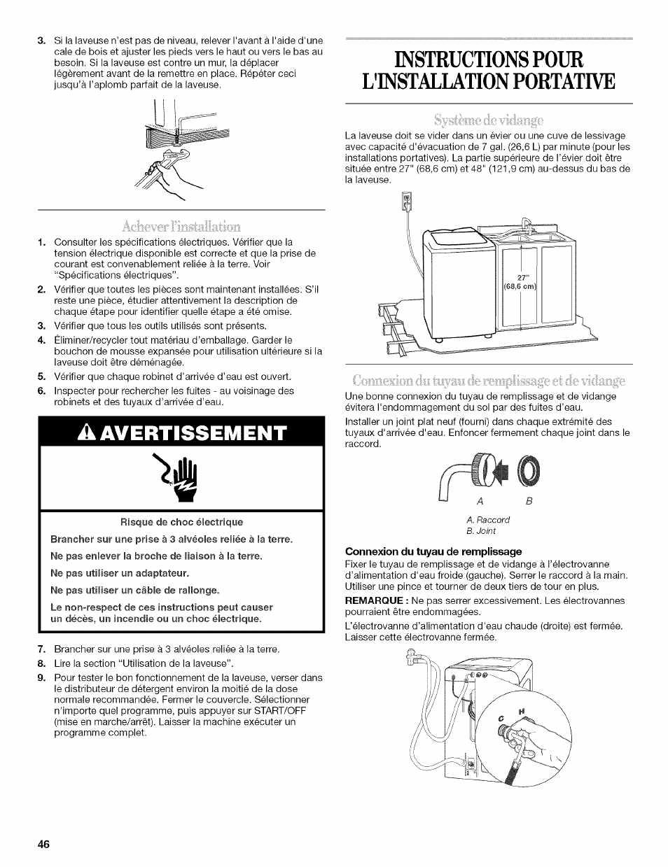 A avertissement, Instructions pour l'instalution portative, Connexion du tuyau de remplissage | Instructions pour l'installation portative, Connexion du tuyau de remplissage et de vidange | Whirlpool 326035915 User Manual | Page 46 / 56