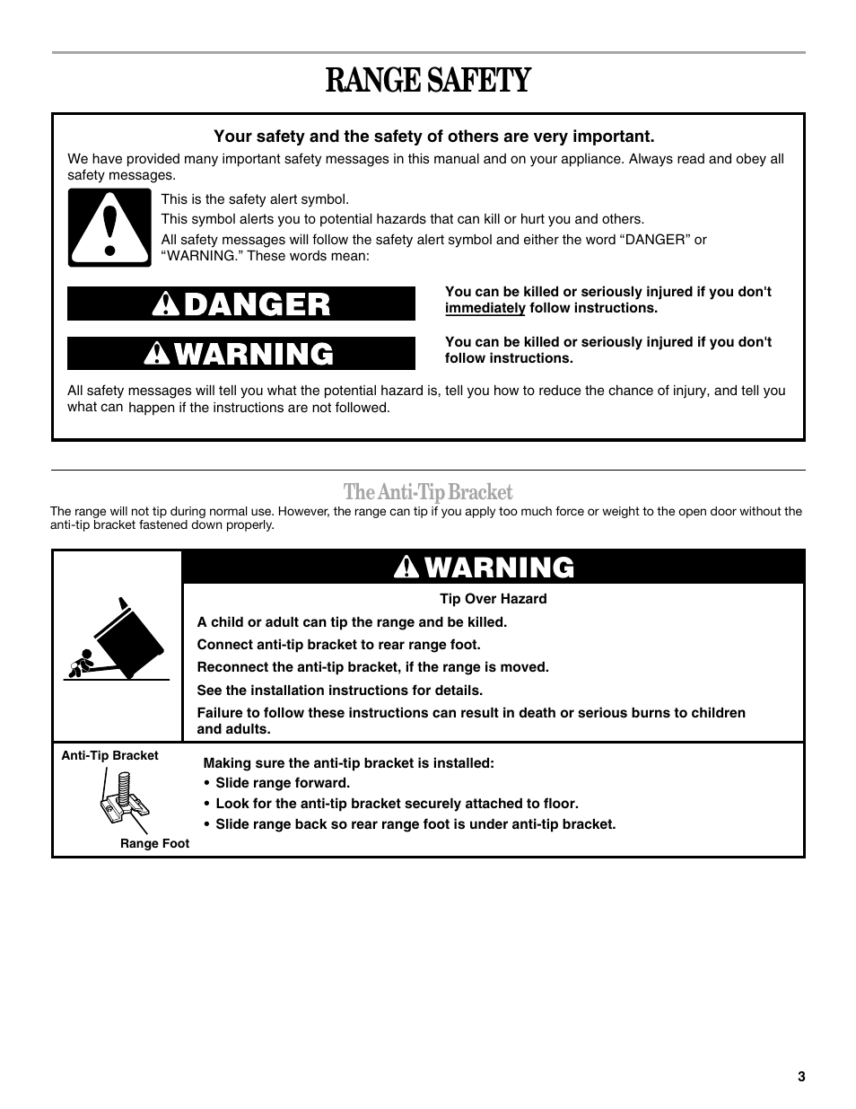 Range safety, Warning, The anti-tip bracket | Whirlpool 9753313B User Manual | Page 3 / 16