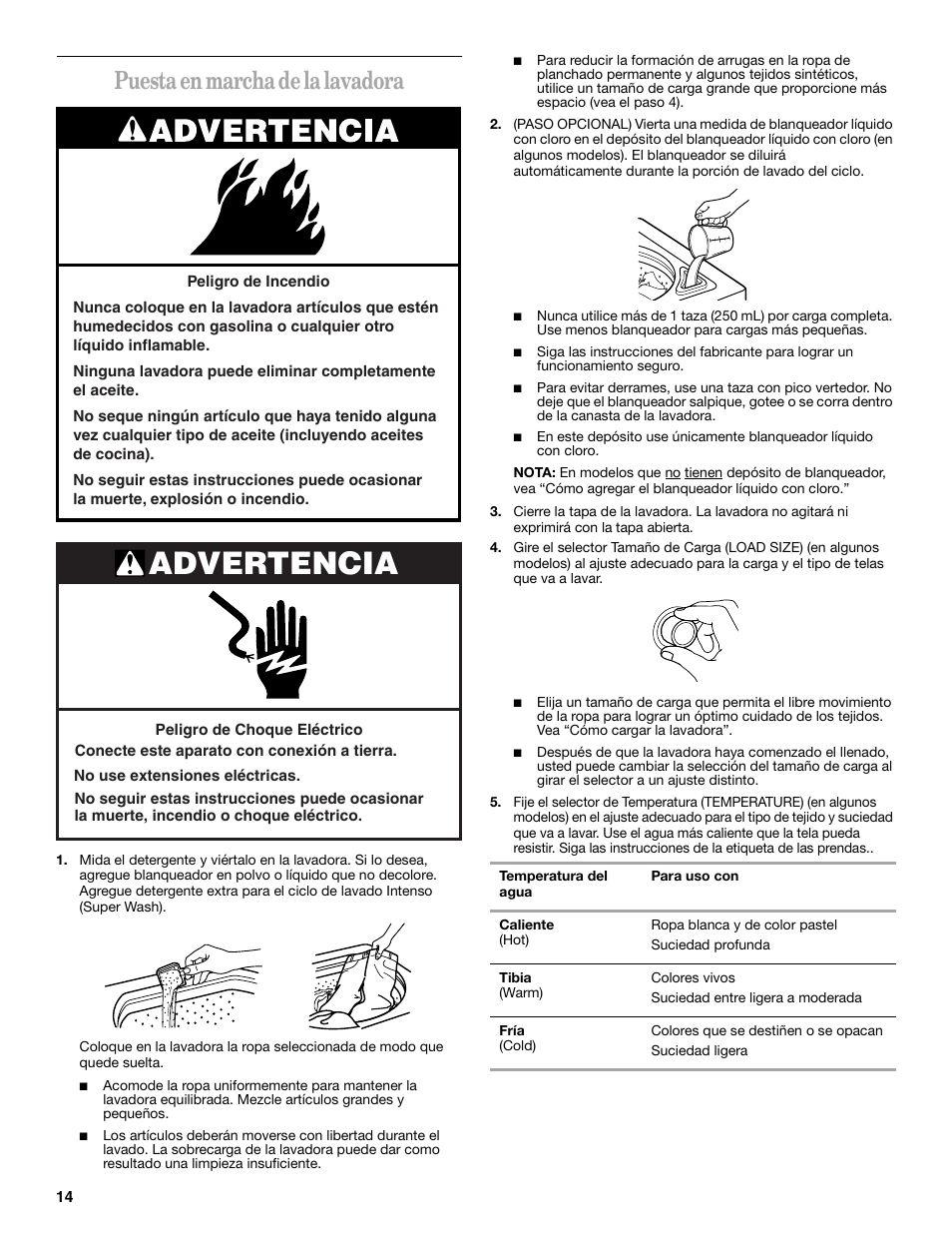 Advertencia, Puesta en marcha de la lavadora | Whirlpool 8539781 User Manual | Page 14 / 20