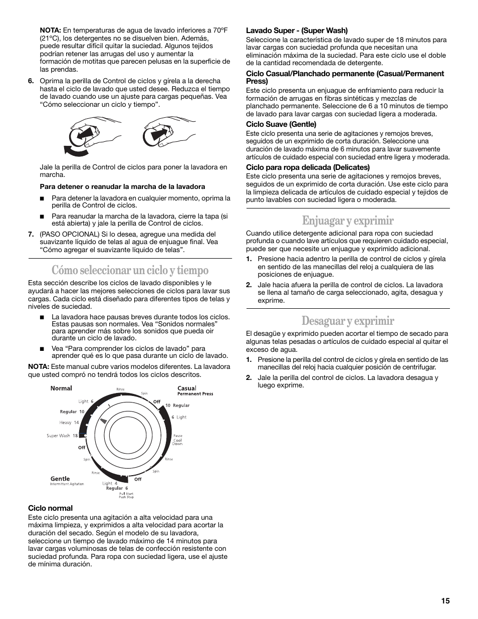 Cómo seleccionar un ciclo y tiempo, Enjuagar y exprimir, Desaguar y exprimir | Whirlpool 8539781 User Manual | Page 15 / 20