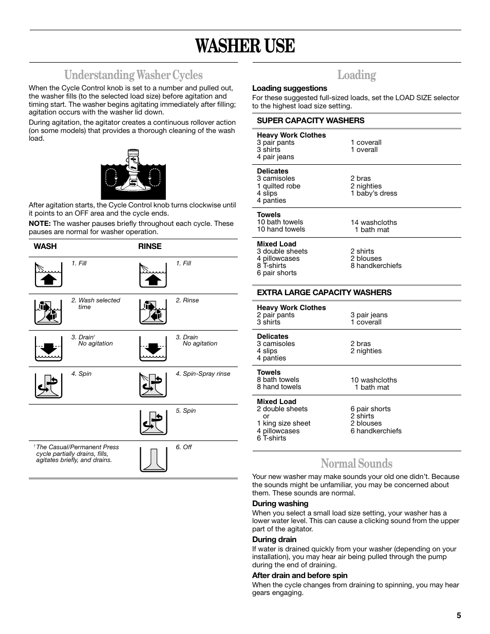 Washer use, Understanding washer cycles, Loading | Normal sounds | Whirlpool 8539781 User Manual | Page 5 / 20