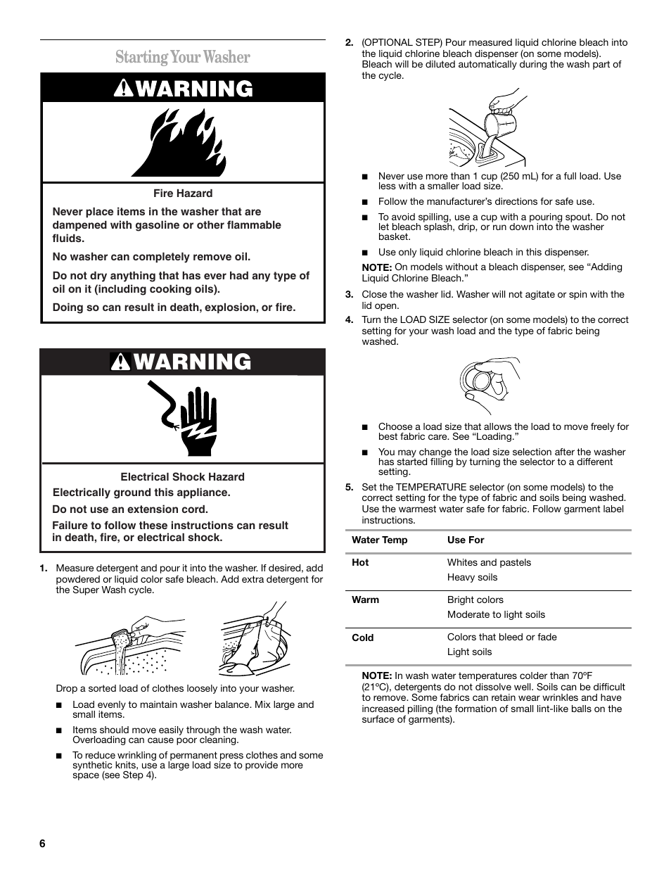 Warning, Starting your washer | Whirlpool 8539781 User Manual | Page 6 / 20