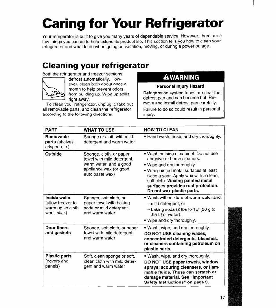 Caring for your refrigerator, Cleaning your refrigerator, Warning | Whirlpool 3ET22DKXDN00 User Manual | Page 18 / 51